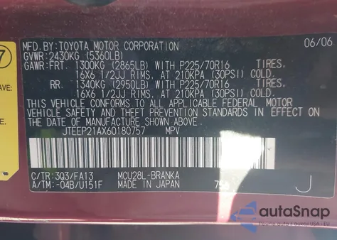 2006 Toyota Highlander V6 from USA, damaged, VIN JTEEP21AX60180757